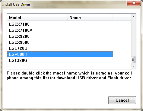 Next select the model of your phone and double click, which is LGP500H for us.